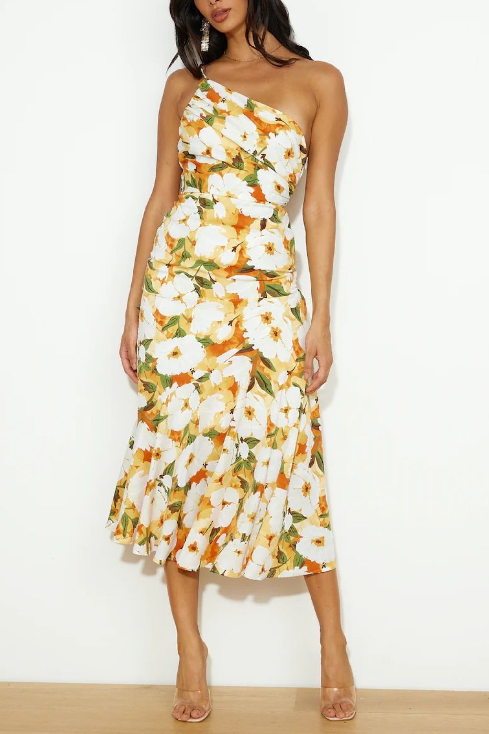 Ruched Printed Single Shoulder Midi Dress Hauptbild