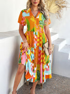 Devine Printed Johnny Collar Button Down Short Sleeve Midi Shirt Dress