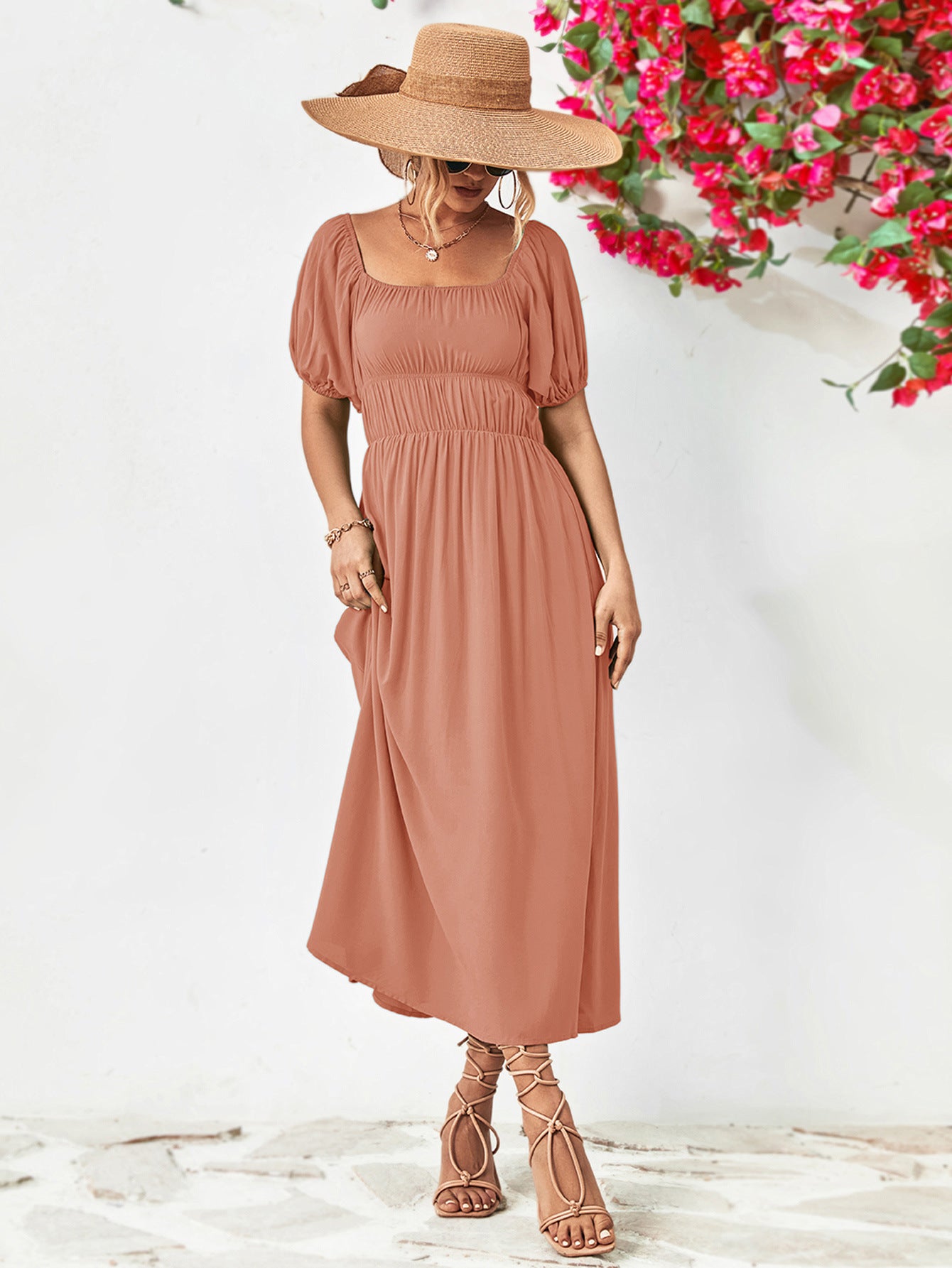 Off-Shoulder Balloon Sleeve Midi Dress - felvior