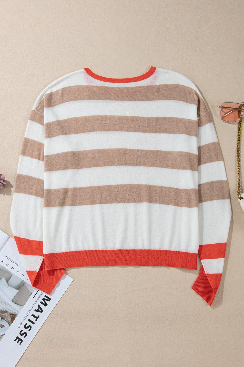 Contrast Striped Round Neck Drop Shoulder Knit Top - felvior