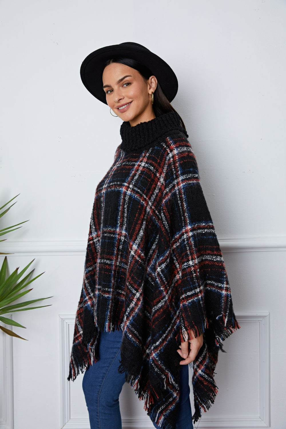 Shiny Turtleneck Plaid Raw Hem Sweater - felvior
