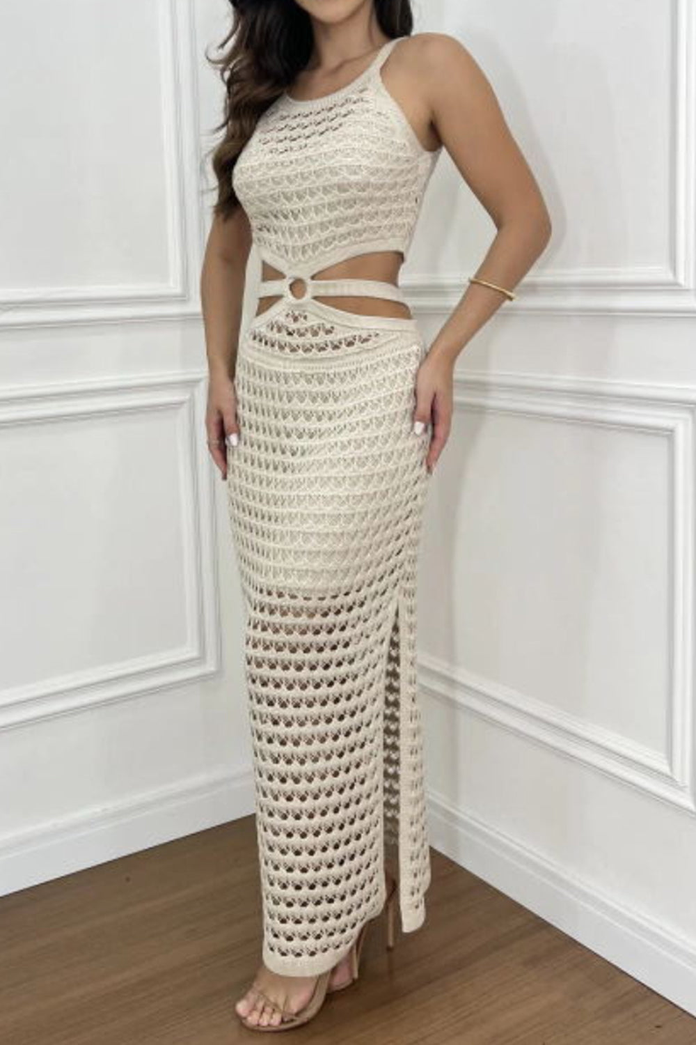 Cutout Slit Round Neck Sweater Dress - felvior