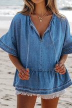 Tie Neck Ruffled Half Sleeve Denim Top