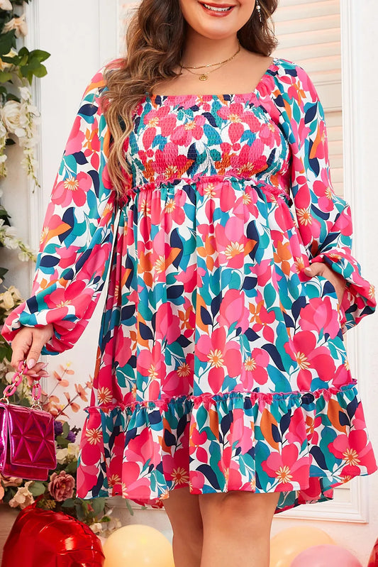 Plus Size Smocked Floral Square Neck Balloon Sleeve Dress - felvior