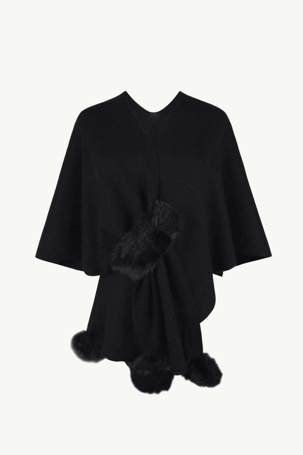 Surplice Neck Pom-Pom Trim Poncho - felvior