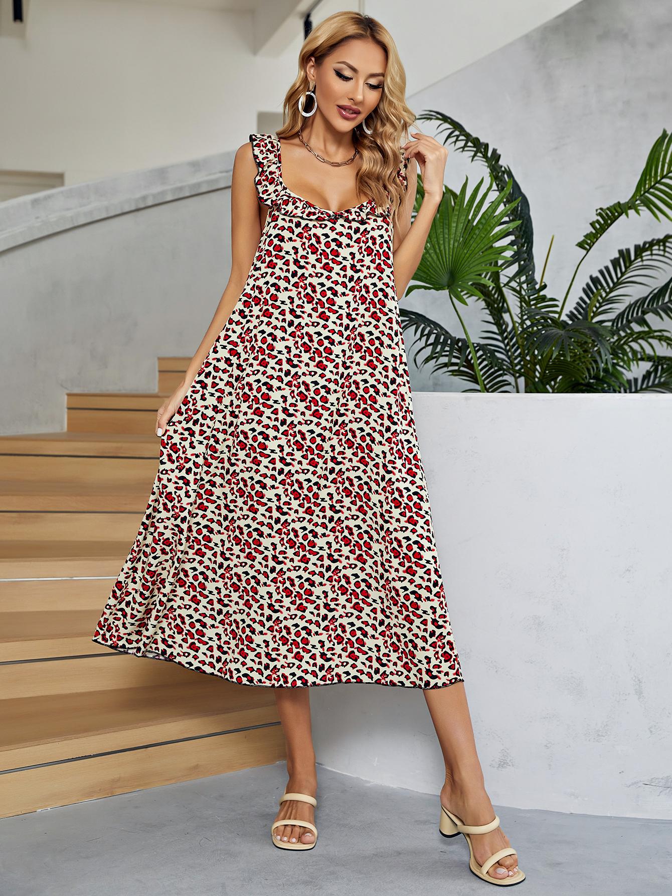 Printed Ruffled Sleeveless Midi Dress - felvior
