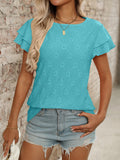 Eyelet Round Neck Double Layered Ruffled Short Sleeve Top