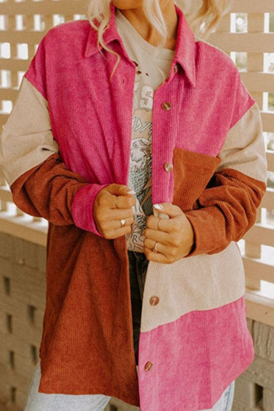 Color Block Curved Hem Corduroy Shacket with Pocket - felvior
