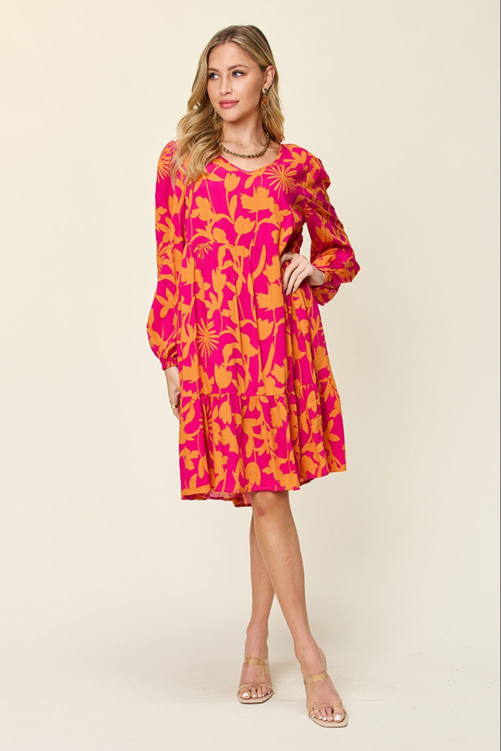 Double Take Full Size Printed Ruffle Hem Dress with Pocket - felvior