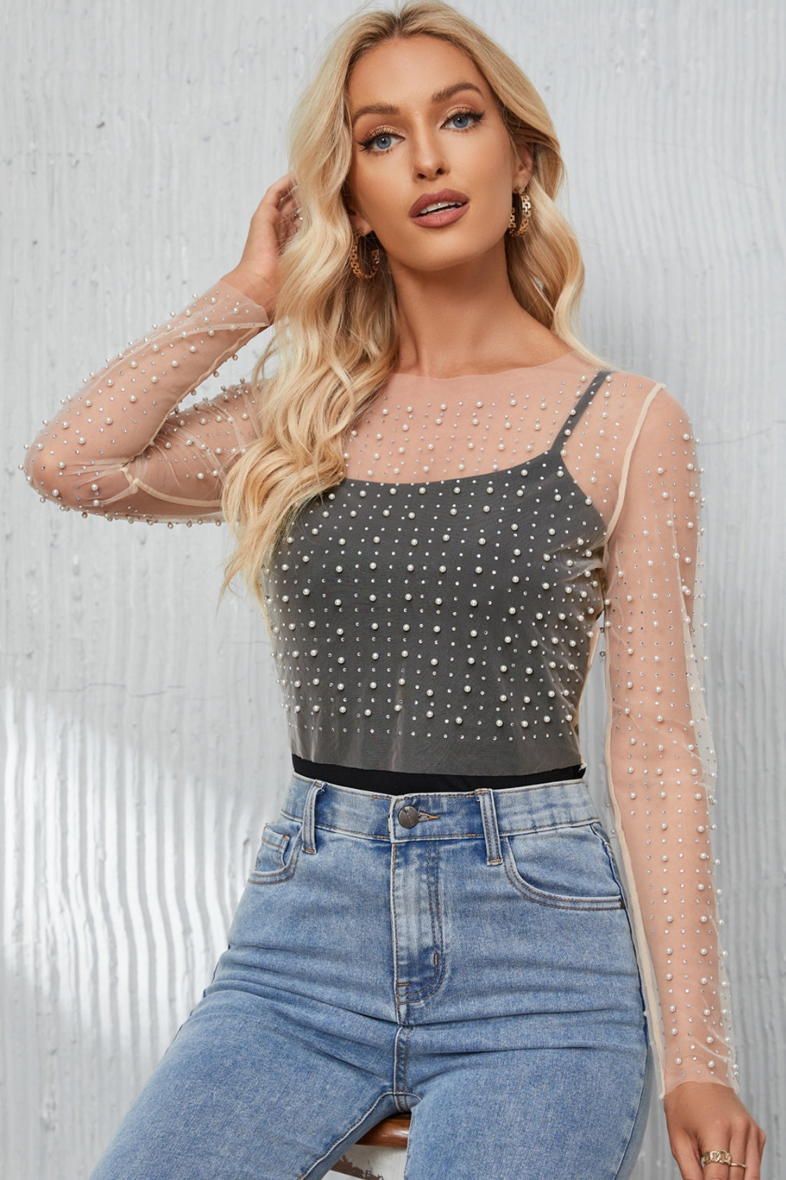 Pearl Long Sleeve Mesh Cropped Top Main image