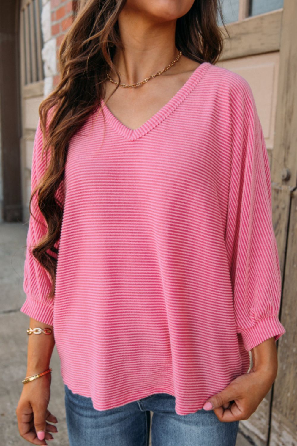 Texture V-Neck Long Sleeve Top - felvior