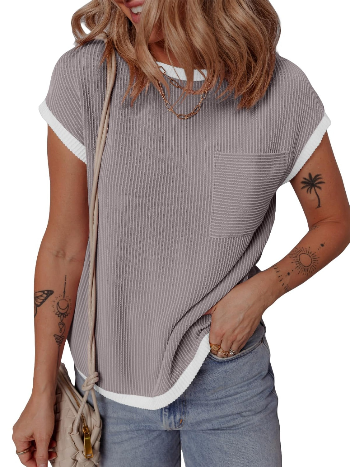 Contrast Trim Round Neck Short Sleeve T-Shirt - felvior