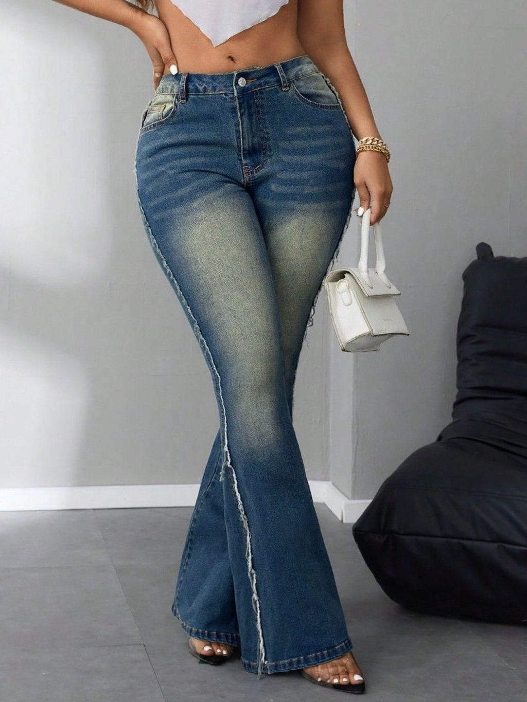 Side Raw Hem Flare Jeans