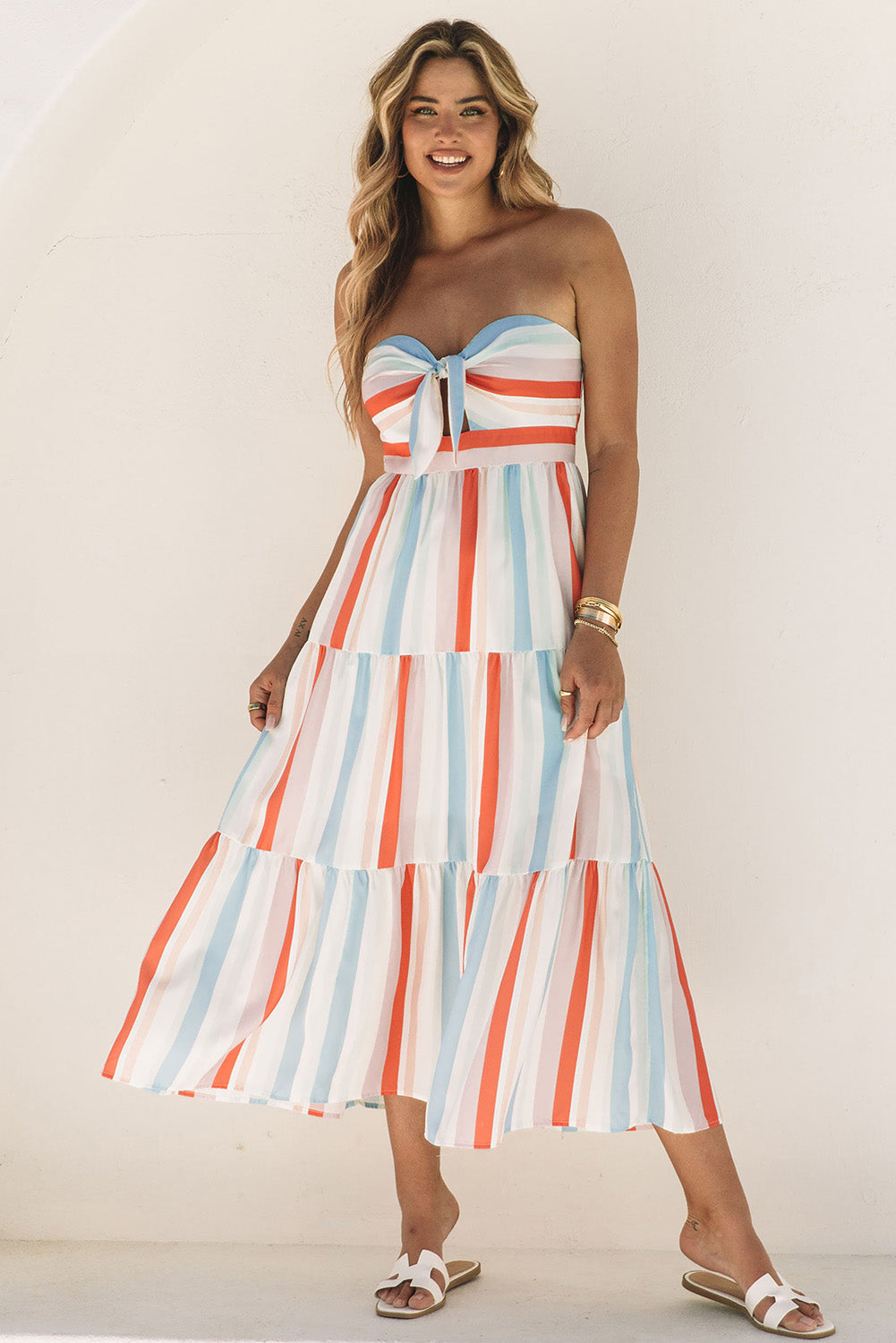 Striped Strapless Sweetheart Neck Dress - felvior