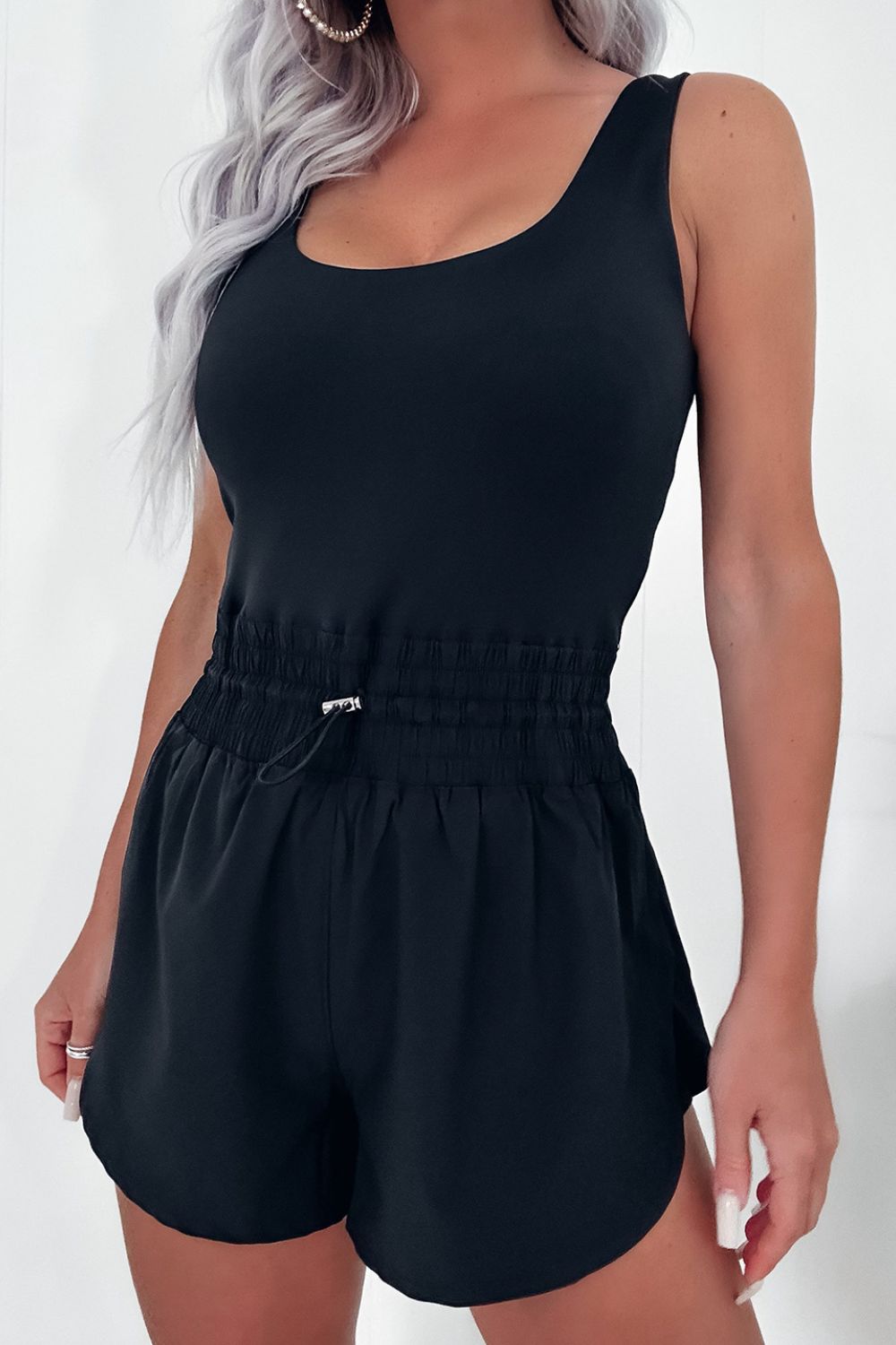 Drawstring Waist Scoop Neck Romper