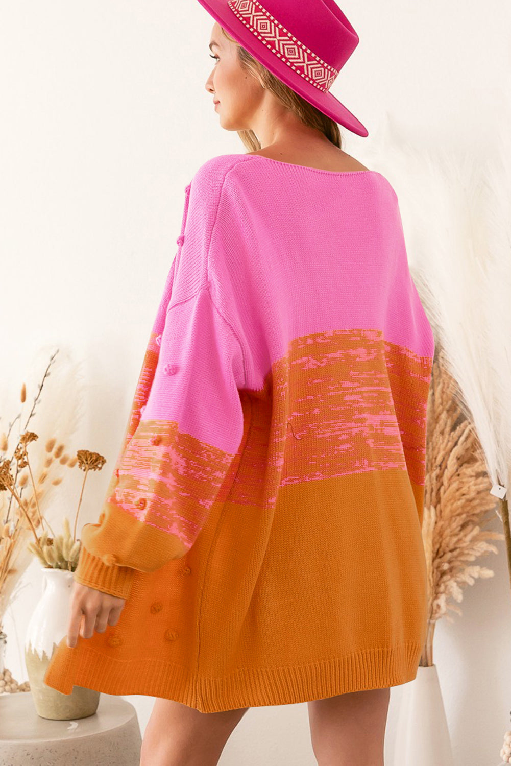 Pompom Color Block Open Front Cardigan - felvior