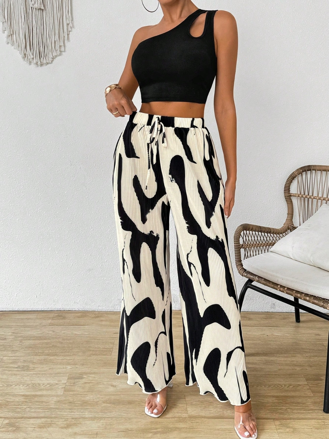 Cutout One Shoulder Top and Printed Pants Set Main image