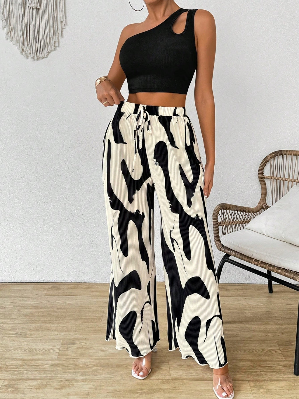 Cutout One Shoulder Top and Printed Pants Set