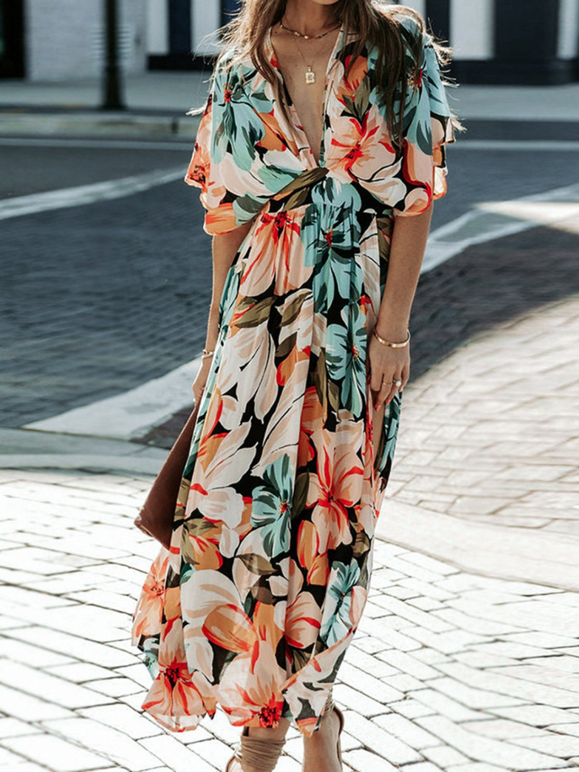 Floral Plunge Half Sleeve Dress - felvior