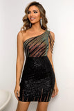 Contrast Sequin One Shoulder Sleeveless Dress - felvior