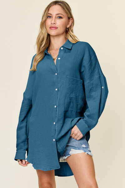 Double Take Full Size Pocketed Texture Button Up Shirt - felvior