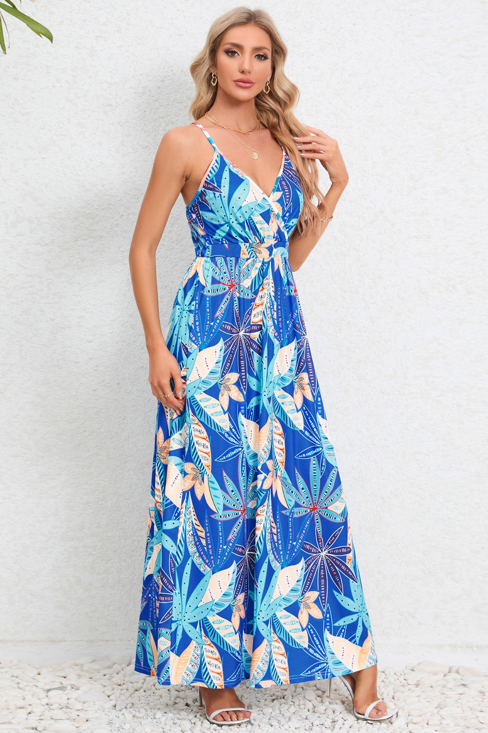 Printed Surplice Maxi Cami Dress - felvior
