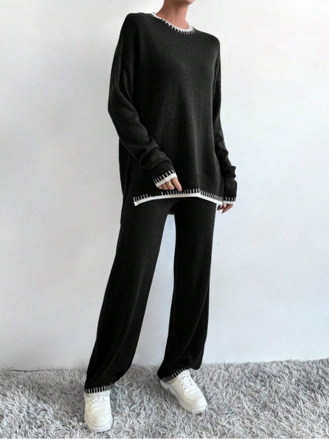 Side Slit Contrast Trim Round Neck Top and Pants Sweater Set - felvior