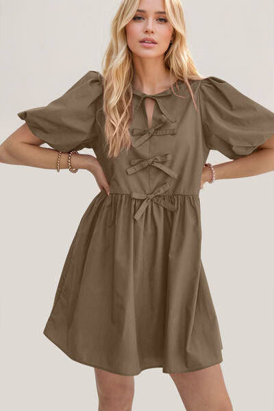Oh Bow Ruched Puff Sleeve Mini Dress - felvior