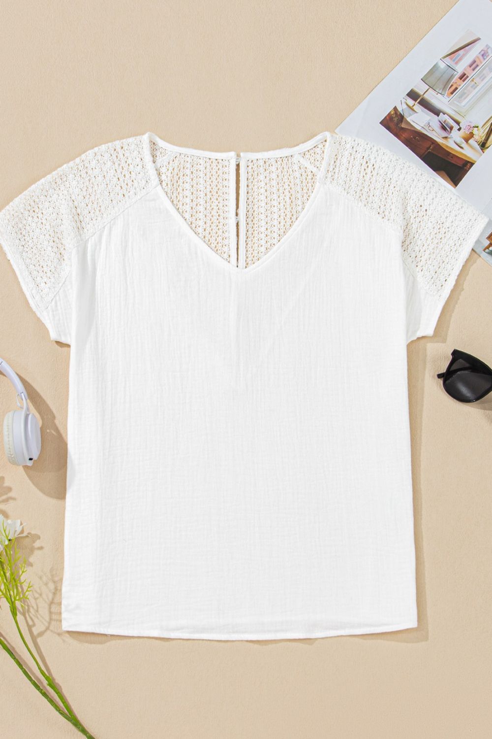 Lace Crochet Textured Button Back V Neck T Shirt