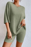 Round Neck Ribbed Top and Shorts Lounge Set - felvior