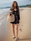 Lace V-Neck Three-Quarter Sleeve Cover Up - felvior