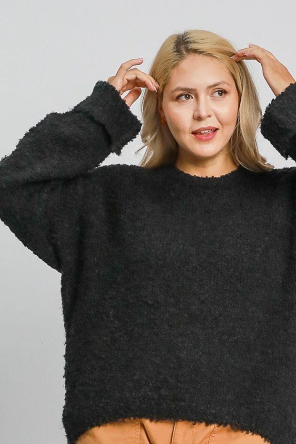 Umgee Full Size Round Neck Long Sleeve Boucle Sweater Plus Size - felvior