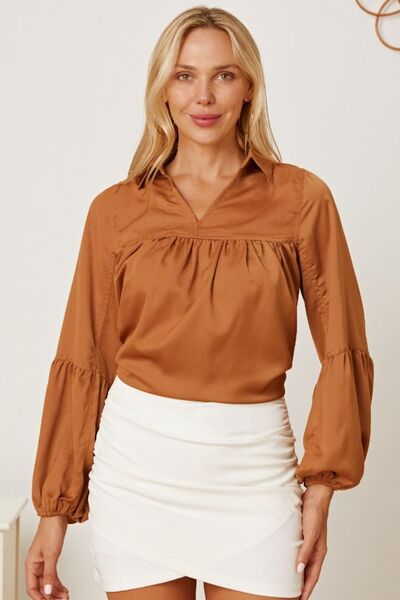 Balloon Sleeve Collared Neck Blouse - felvior