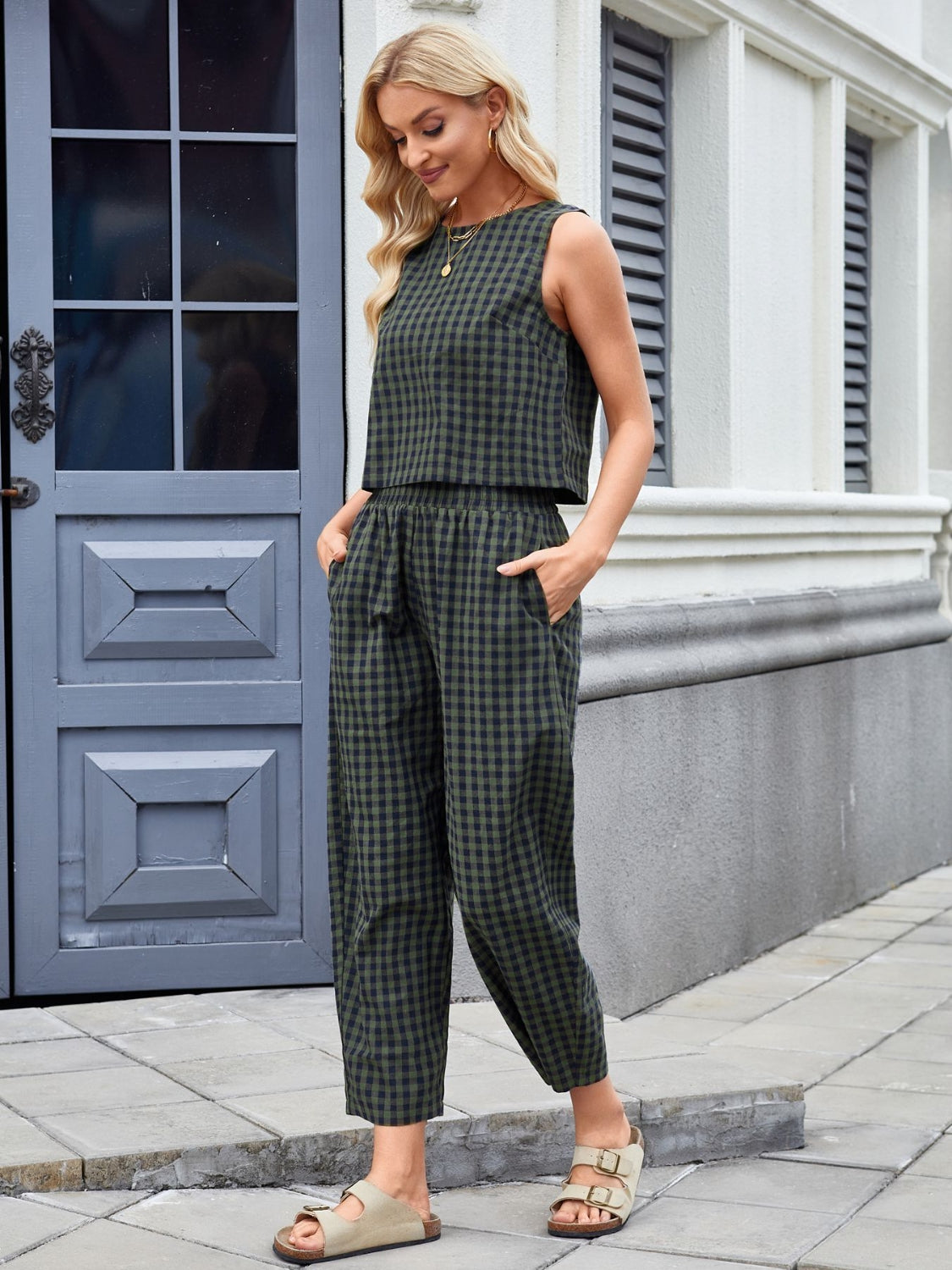Plaid Sleeveless Top and Pants Set