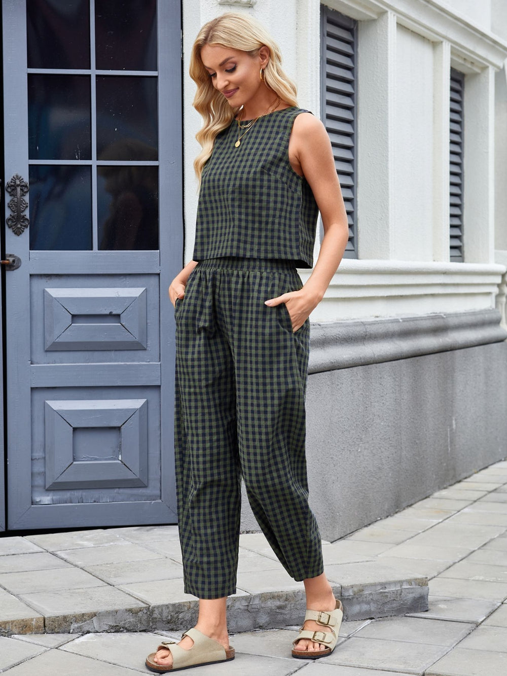 Plaid Sleeveless Top and Pants Set