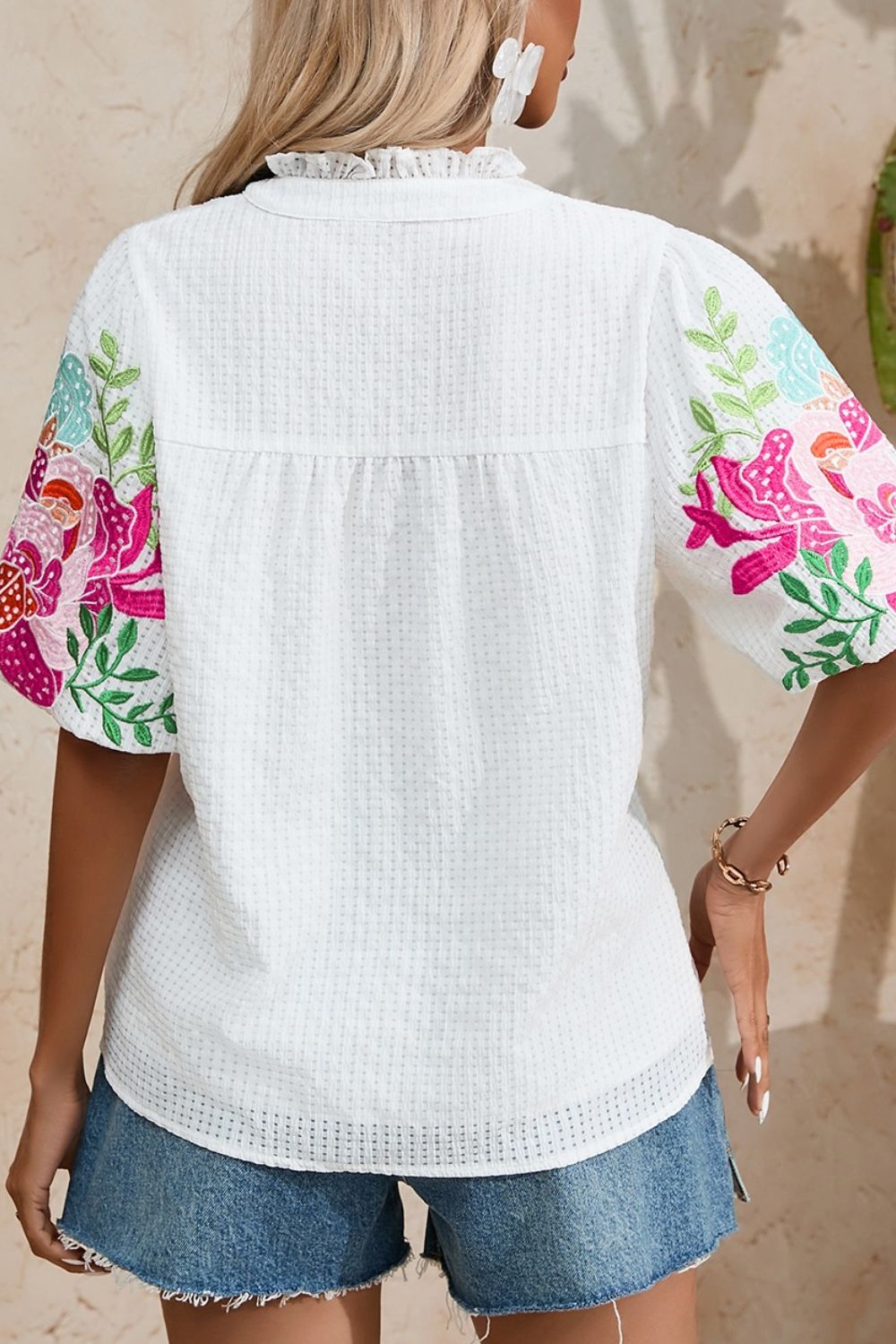 Floral Embroidered Puff Sleeve Notched Blouse - felvior