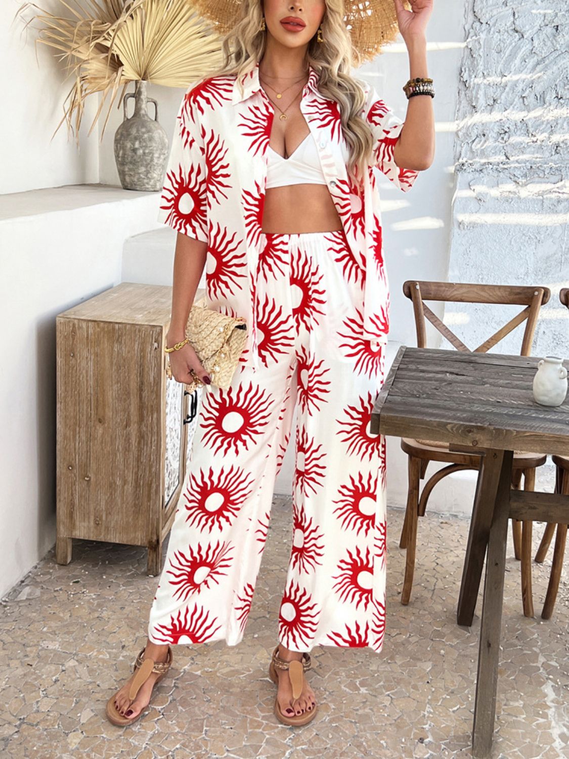 Devine Printed Collared Neck Half Sleeve Top and Pants Set