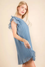 VERY J Plus Size Ruffle Sleeve Pleated Woven Mini Dress