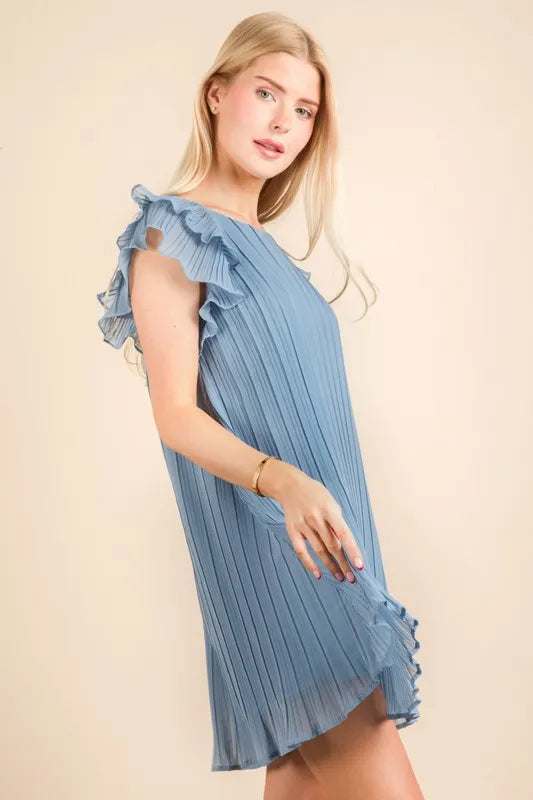 VERY J Plus Size Ruffle Sleeve Pleated Woven Mini Dress