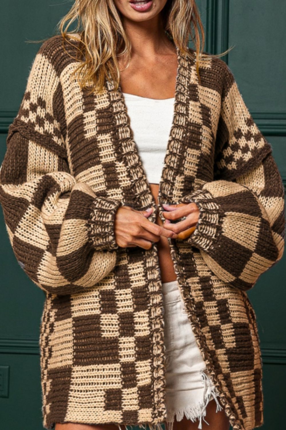 Checkered Open Front Long Sleeve Cardigan - felvior