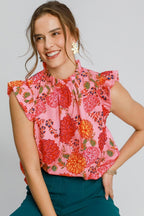 Umgee Full Size Floral Print Ruffled Cap Sleeve Blouse Plus Size