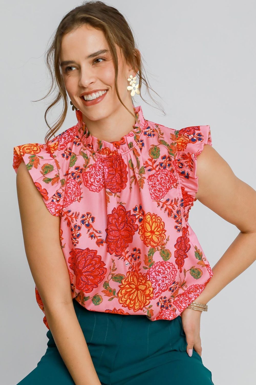Umgee Full Size Floral Print Ruffled Cap Sleeve Blouse Plus Size