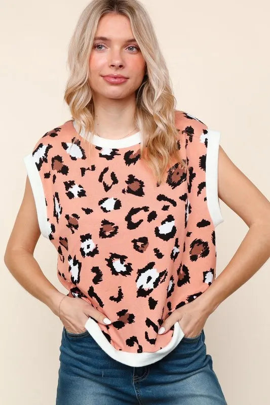 Haptics Leopard Print Dolman Cap Sleeve Knit Top Hauptbild