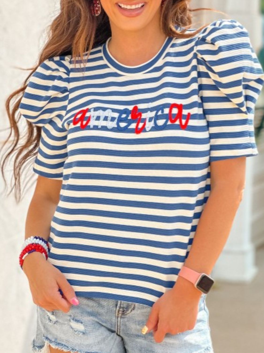 AMERICA Striped Round Neck Puff Sleeve Top - felvior