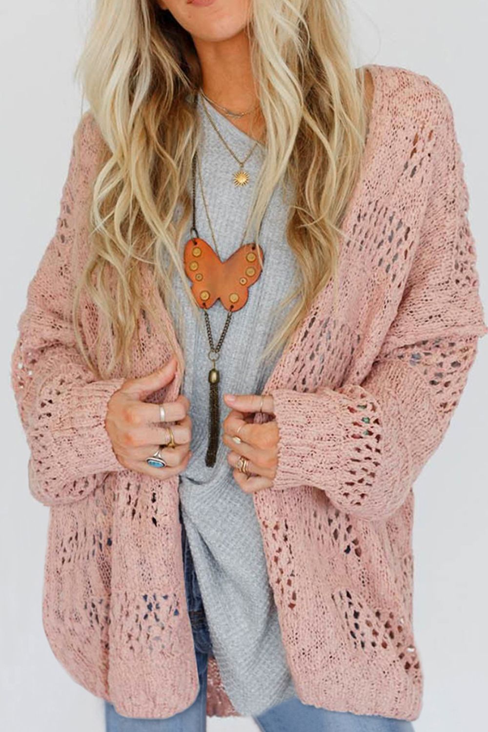 Openwork Open Front Long Sleeve Cardigan - felvior