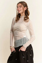 Davi & Dani Turtle Neck Lace Dotted Stretch Mesh Sheer Top