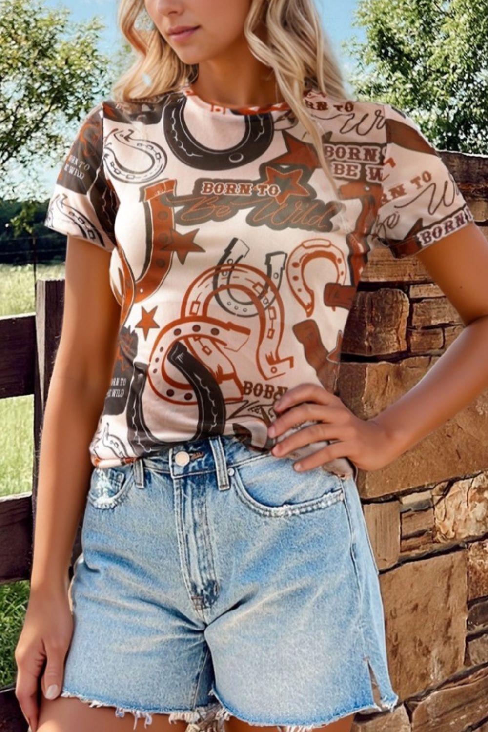 Western Horseshoe Printed Mesh Short Sleeve T Shirt