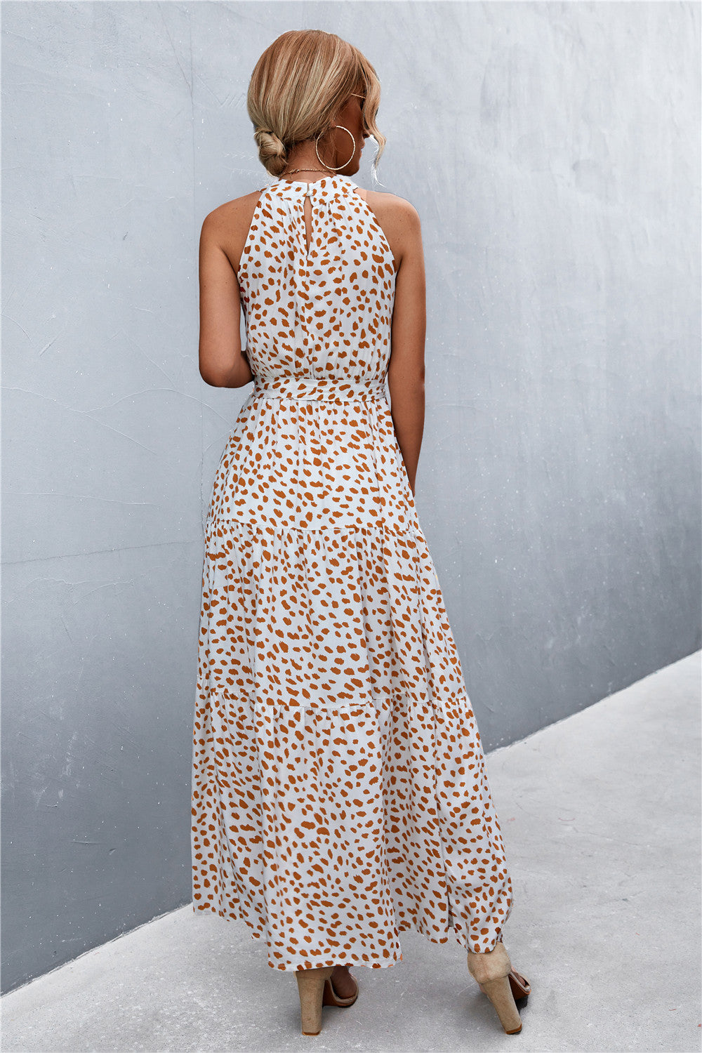 Printed Sleeveless Tie Waist Maxi Dress - felvior