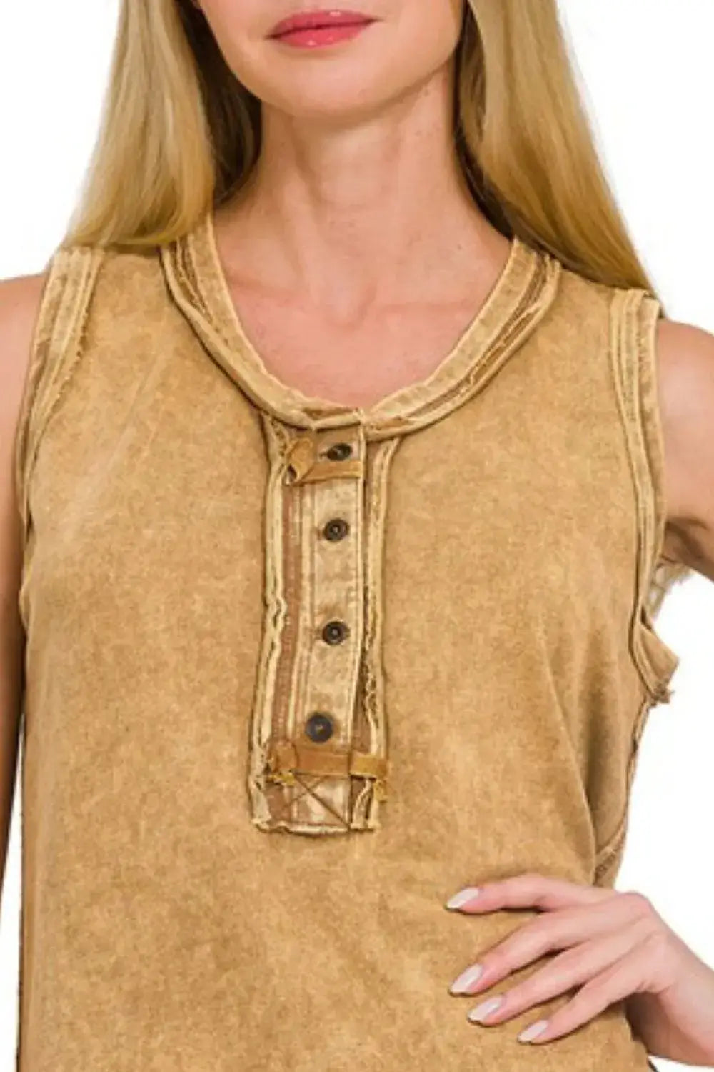 Zenana Washed Half-button Raw Edge Sleeveless Henley Top