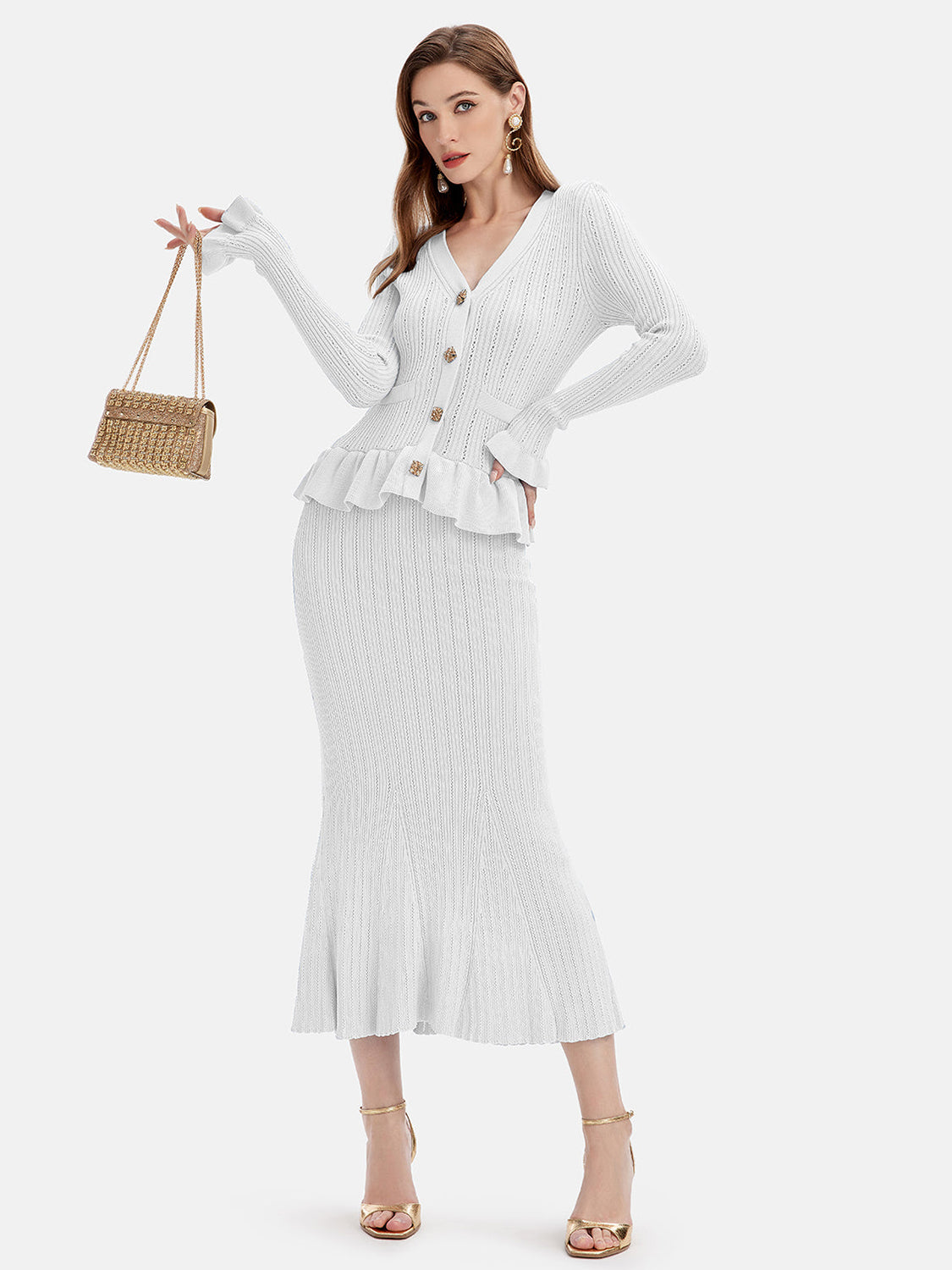 Ruffled V-Neck Top and Midi Skirt Sweater Set - felvior